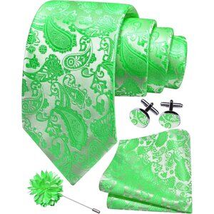 Men's Lime Green Paisley Tie And Lapel Pin Necktie Hankerchief Cufflinks Set